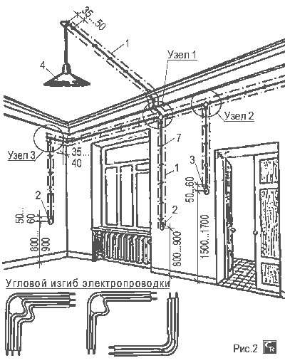 Пример ответвления под розетки, выключатель и потолочный светильник от разводящих проводов в скрытых электропроводках