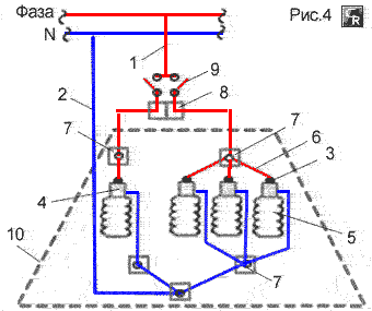 Схема подключения потолочного светильника с 4 электролампами через двухклавишный выключатель