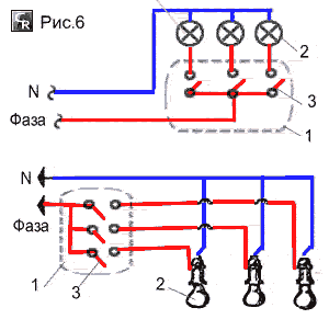 Схема подключения к сети потолочного трёхлампового светильника через трёхклавишный выключатель