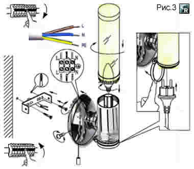 Способ подключения настенного светильника к электропроводке через соединительный шнур с выключателем