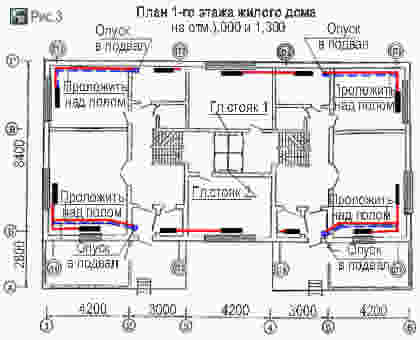 Схема разводки однотрубной системы отопления с естественной циркуляцией по 1-му этажу жилого дома
